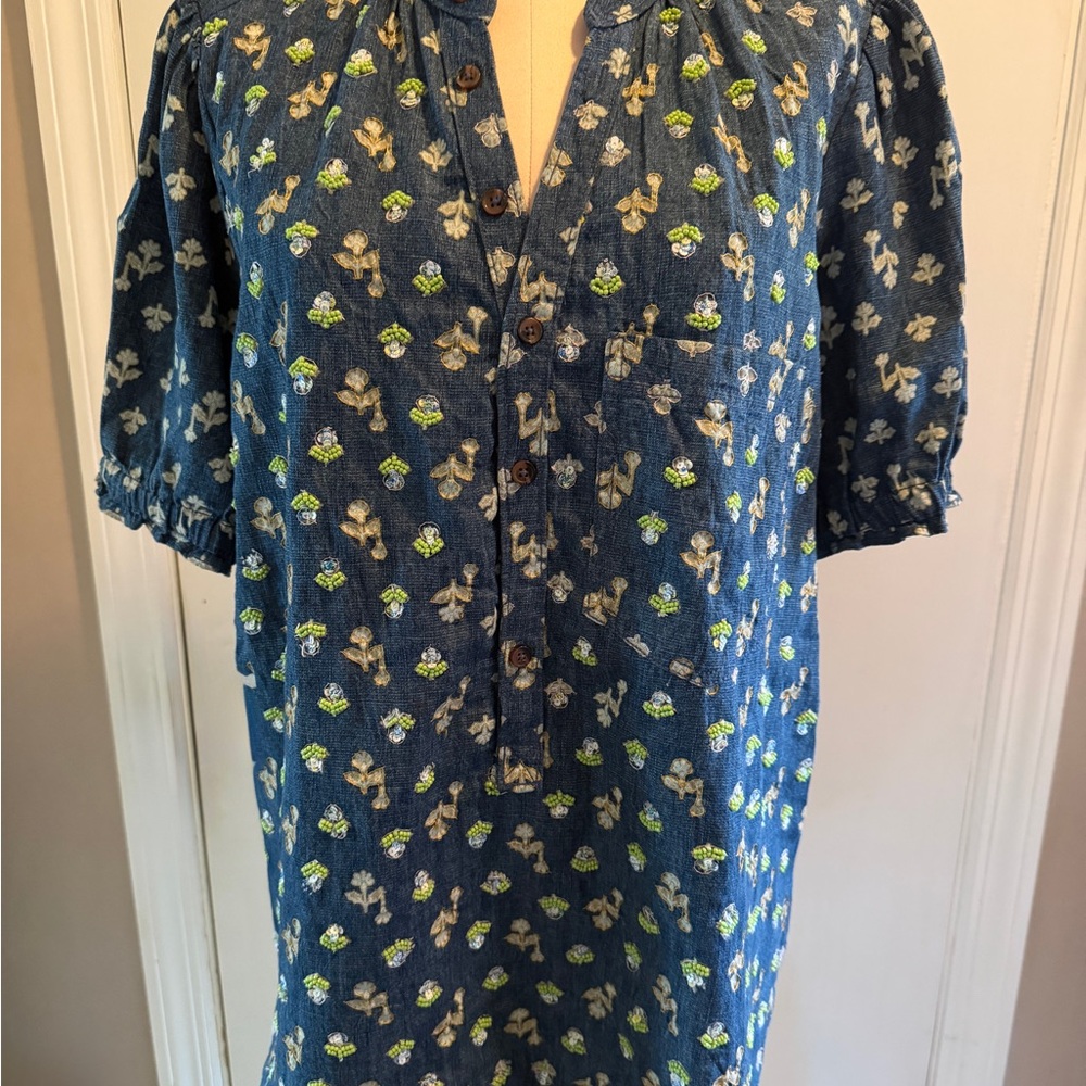 Pilcro by Anthropologie Beaded Detail Floral Denim Women's Top XL - Picture 6 of 11